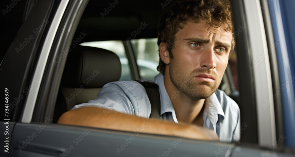 Portrait of a handsome young man sitting in a car and looking away Portrait of a handsome young man sitting in a car and looking away