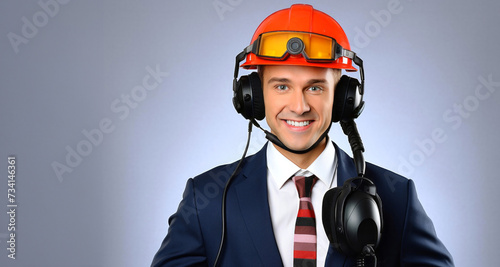 Portrait of a smiling young businessman wearing helmet and earphones over grey background. © Miguel