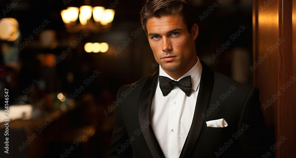 Fototapeta premium Handsome young man in tuxedo standing in a restaurant