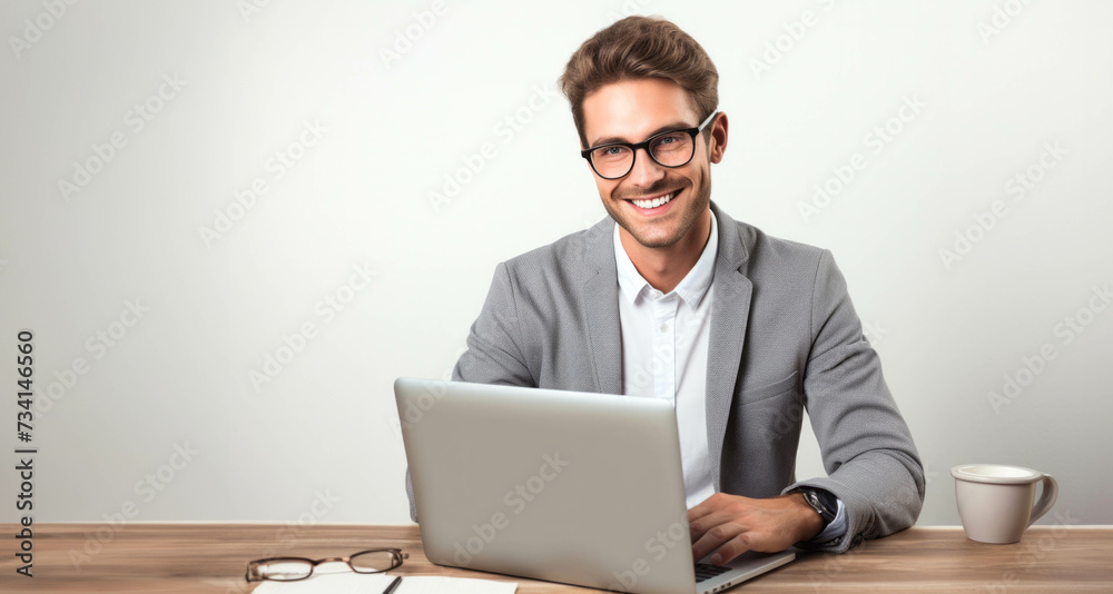 Portrait of a smiling young business man sitting at a desk with a laptop computer. Portrait of a smiling young business man sitting at a desk with a laptop computer.