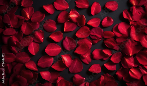 Red flower petals on a dark background. Romantic background for a banner, flyer, poster, postcard.
