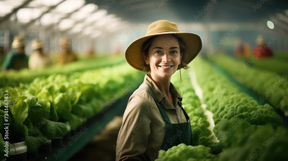 Potrait of female vegetable grower working in a large industrial greenhouse growing vegetables and herbs.