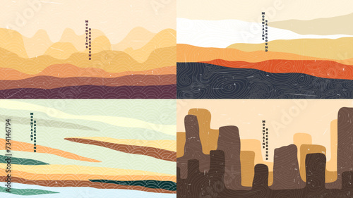 Vector illustration. Horizontal landscape. Japanese wave pattern. Mountain background. Asian style. Design for web banner, website template. Old paper with scratches. Desert sand hills, wavy slopes