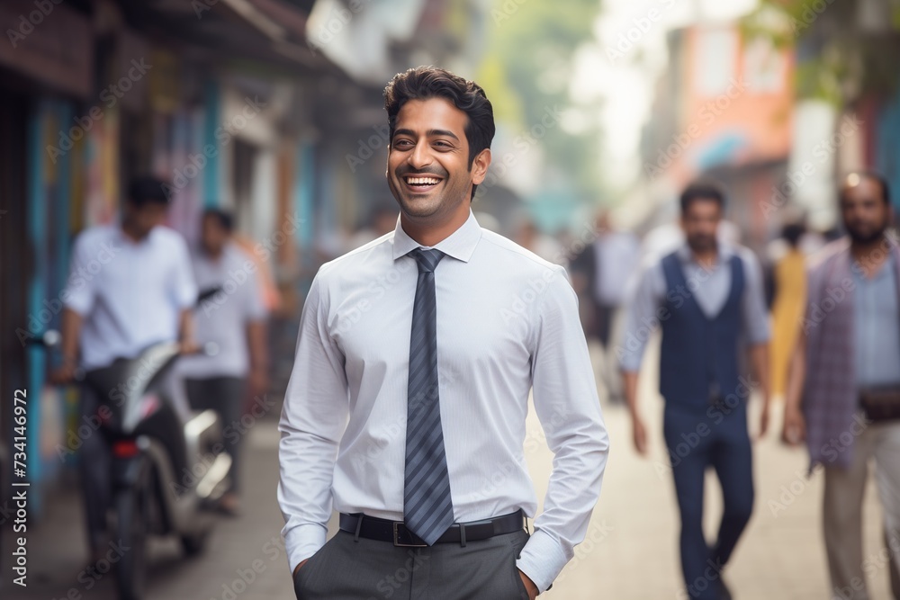 Fototapeta premium Indian businessman walking street smiling happy