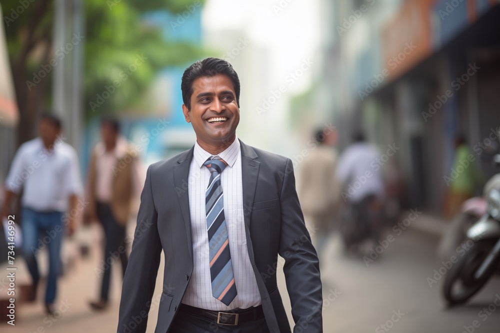 Indian businessman walking street smiling happy