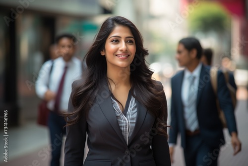 Indian businesswoman walking street smiling 