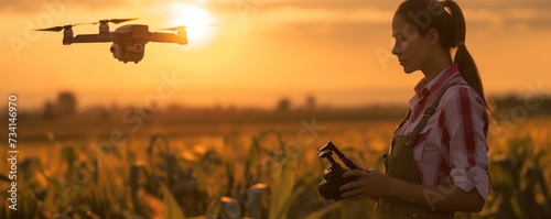 At sunset, a woman operates a drone in a field, symbolizing modern agricultural technology and innovation.