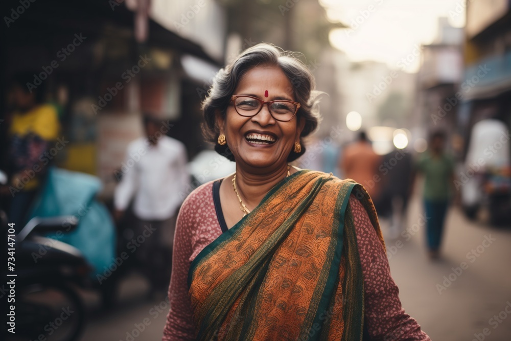 Indian woman smiling happy face portrait on city street