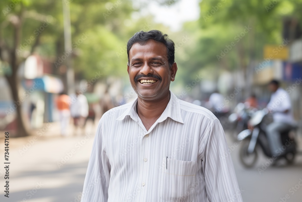 Indian man smiling happy face on city street Indian man smiling happy face on city street