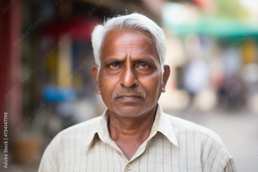 Indian man serious face portrait on city street Indian man serious face portrait on city street