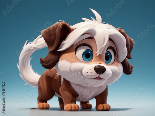 cartoon character, little dog with long hair on its head, white and brown
