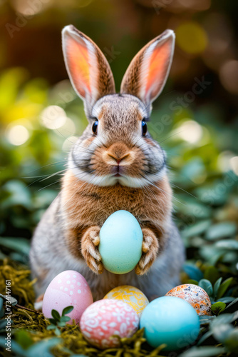 Rabbit holding egg in its lap surrounded by four other eggs.