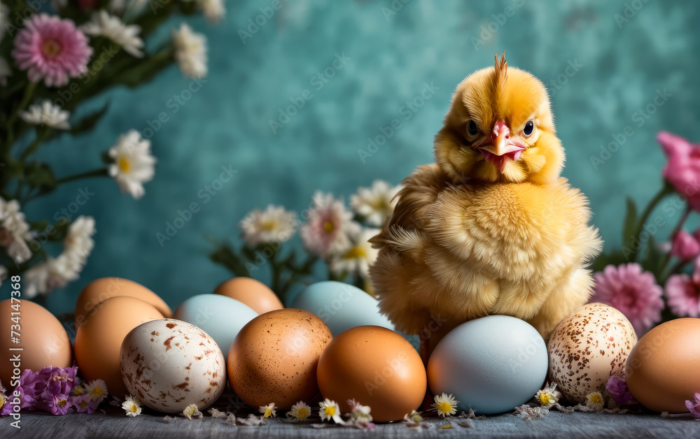 Yellow chicken is surrounded by dozen or so eggs both brown and blue in flowery nest.