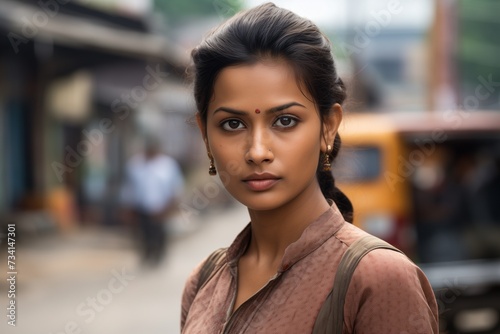 Indian woman serious face portrait on city street