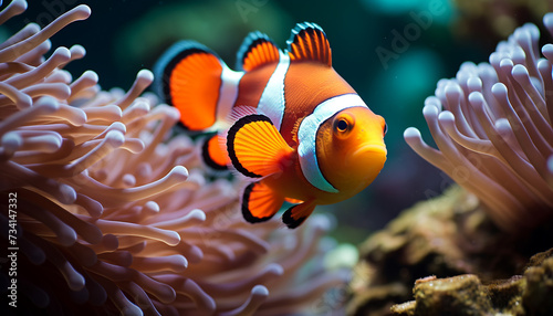Clown fish swimming in vibrant reef, showcasing natural beauty generated by AI