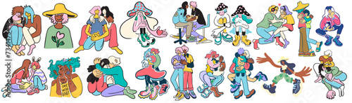 set of lovers on a date. couple hugging and kissing.people in doodle flat style in vector.template for poster invitation sticker logo website design