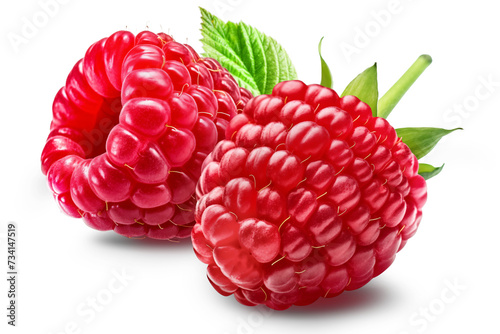 Two ripe raspberries with a leaf isolated on a white background.
