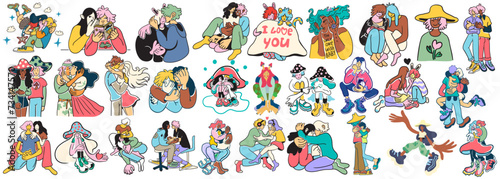 set of lovers on a date. couple hugging and kissing.people in doodle flat style in vector.template for poster invitation sticker logo website design