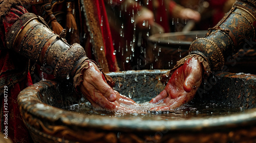 Religious Depiction of a Biblical Scene: Pontius Pilate, who Presided over the Trial of Jesus, Washes his Hands of the Matter Wallpaper Background Symbol Image Digital Art photo
