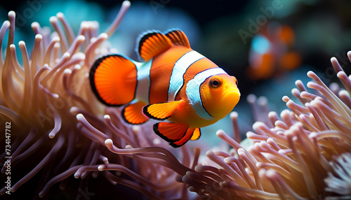 Colorful clown fish swim in vibrant coral reef underwater generated by AI