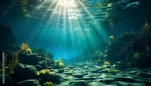 Underwater fish swim below blue reef, showcasing nature beauty generated by AI
