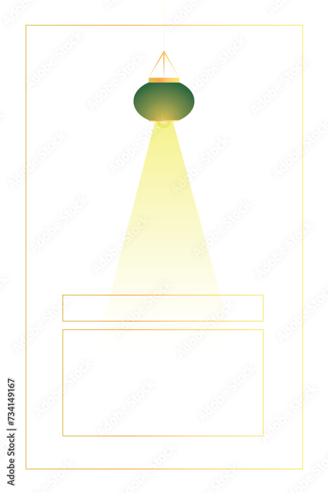 Green ceiling lamp with light and gold frame. Page frame design. Creative thinking and imagination concept. Big idea, generation of decisions, enlightenment. Green ceiling lamp with light and gold frame. Page frame design. Creative thinking and imagination concept. Big idea, generation of decisions, enlightenment.
