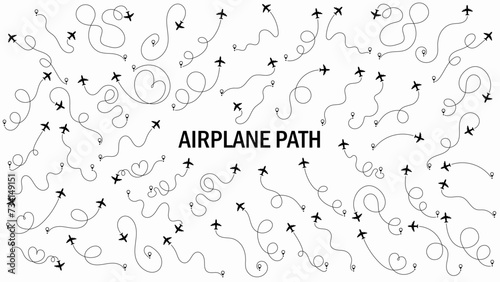 Airplane or aeroplane routes path set. Travel concept from start point and dotted line tracing. Aircraft tracking, plane path, travel, map pins, location pins. Vector illustration. White background.