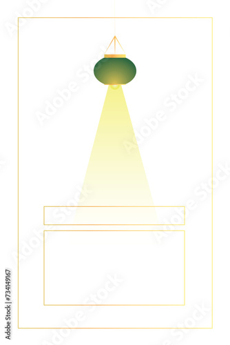 Green ceiling lamp with light and gold frame. Page frame design. Creative thinking and imagination concept. Big idea, generation of decisions, enlightenment.