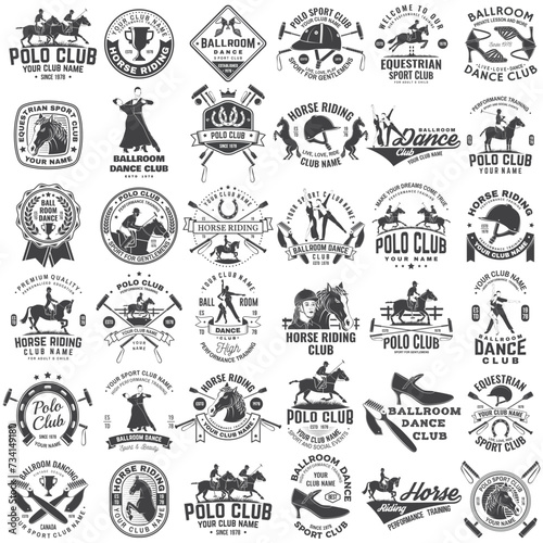 Set of polo club, horse riding, ballroom dance club badge, emblem, logo. Vector illustration. Templates for ballroom dance, polo club and horse riding sports club. Vintage label with dancer