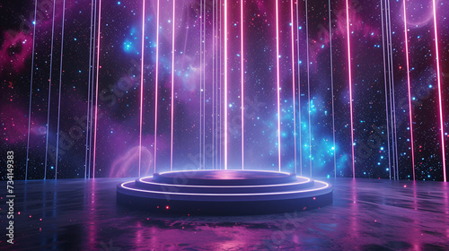 Explore a Futuristic 3D Podium Hanging in the Cosmic Abyss, Illuminated by a Minimalist Abstract Background with Striking Neon Stripes and Geometric Forms.
