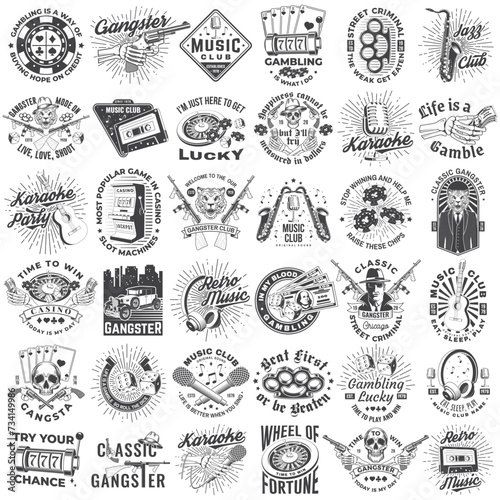 Set of music, gambling and gangster club badge design. Vector. Vintage label, sticker, patch with saxophone, audio cassette, classical acoustic guitar, casino chips, slot machines, gangster
