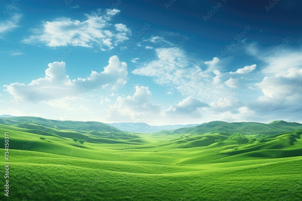 Natural scenic panorama Greenfield, Panoramic view of green meadow and blue sky with clouds, Ai generated