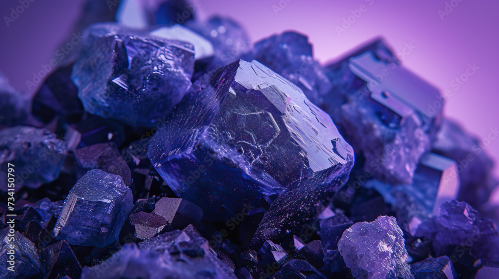 Macro close-up studio shot of cobalt mineral rocks isolated against a purple background	
