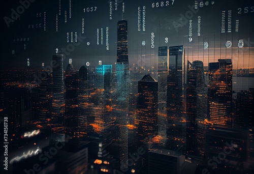 Image of financial data processing over cityscape. Generative AI