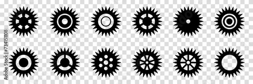 Collection of mechanical cogwheels. Gears icon set. Setting gears icon. Vector illustration with black silhouettes sprocket icons or signs design element. Transparent isolated background.