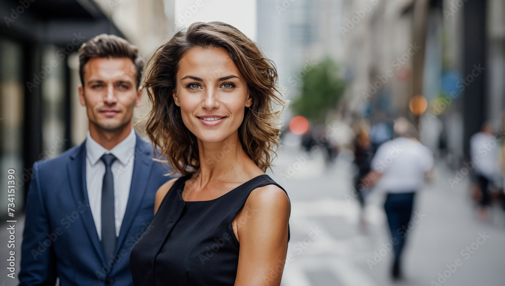 Two confident business people wearing suit, looking at camera. Business woman and man on city street urban background. Successful team leaders Two confident business people wearing suit, looking at camera. Business woman and man on city street urban background. Successful team leaders