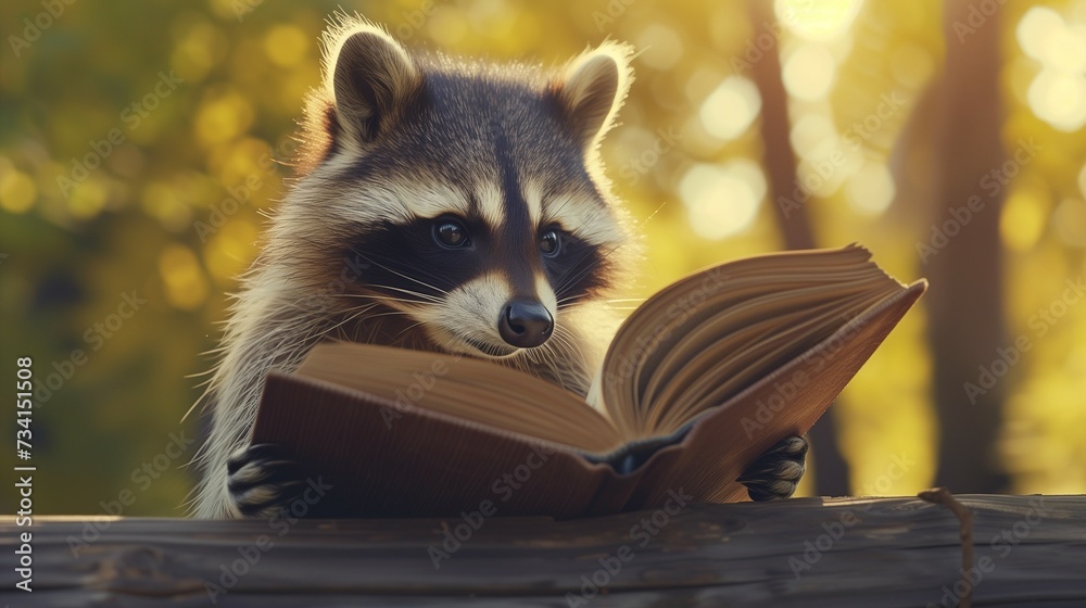 racoon reading a book in the summer forest. racoon reading a book in the summer forest.