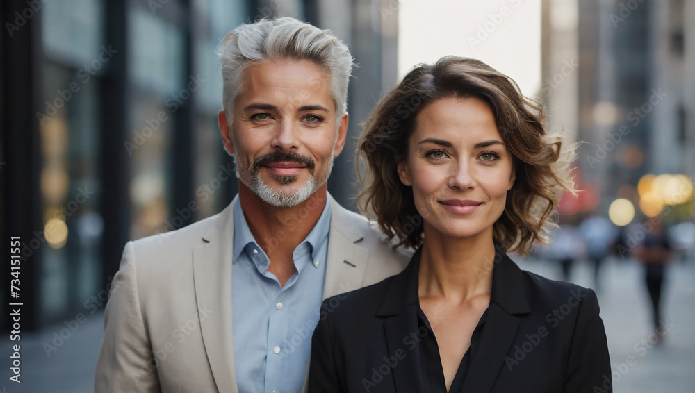 Two confident business people wearing suit, looking at camera. Business woman and man on city street urban background. Successful team leaders