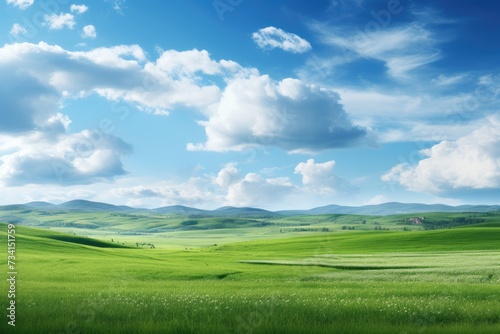 Natural scenic panorama Greenfield, Panoramic view of green meadow and blue sky with clouds, Ai generated © Tanu