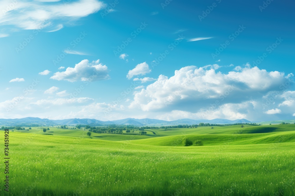 Natural scenic panorama Greenfield, Panoramic view of green meadow and blue sky with clouds, Ai generated