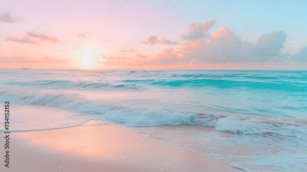 Sunset at the beach, with soft pink and blue colors in the sky and gentle waves lapping at the sandy shore - obrazy, fototapety, plakaty 