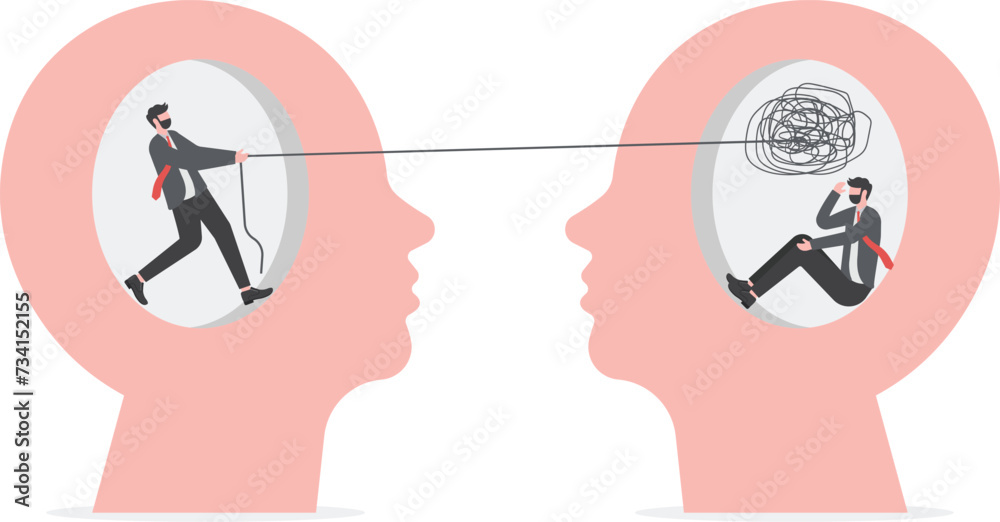 Businessman chaos with help, mental health or psychotherapy, schizophrenia concept, cognitive trap, communication or empathy, vector flat illustration

