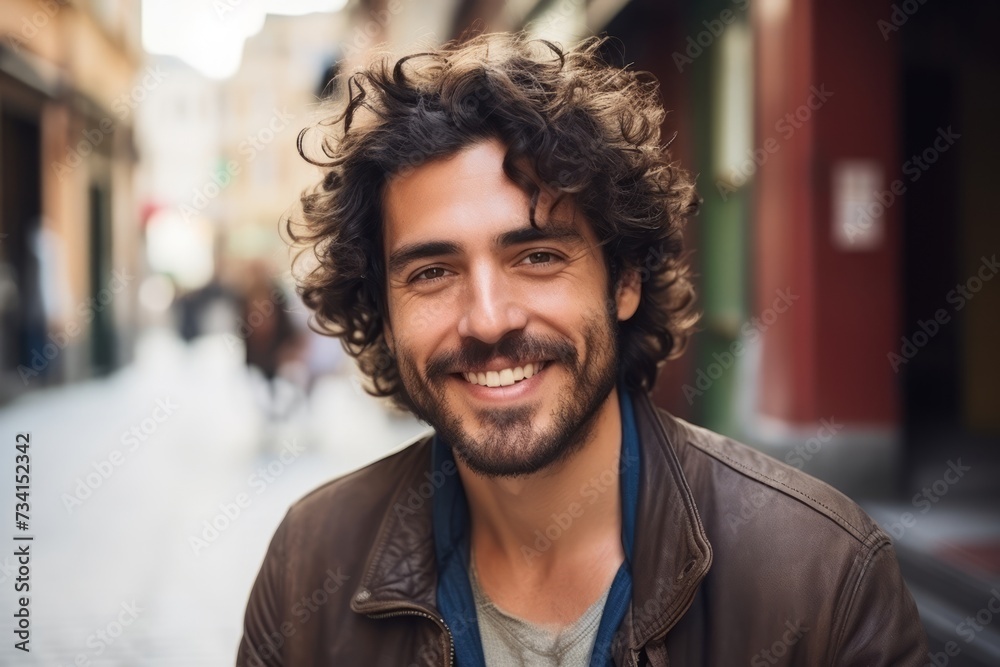 Portrait of a handsome young man with curly hair smiling at the camera - obrazy, fototapety, plakaty 