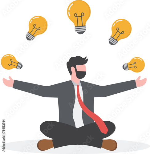 Creativity and ideas, innovation or skill to success in business, skillful businessman juggling lightbulb lamp metaphor of plenty ideas.

