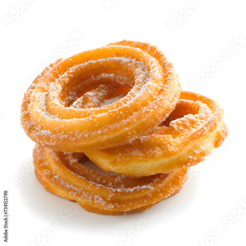 Delicious sweet churos with powdered sugar isolated on white background photo