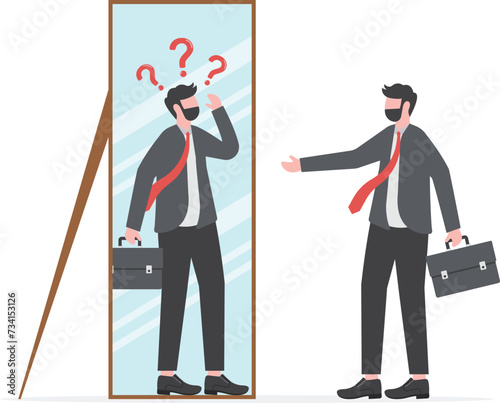 imposter syndrome, businessman looking shadow himself through mirror for Anxiety and lack of self confidence at work vector

