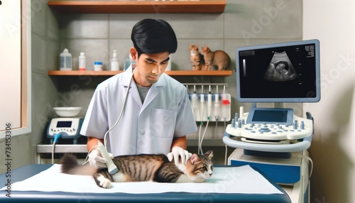 A veterinarian performs an ultrasound on a calm cat at a clinic, surrounded by medical tools in a clean setting photo