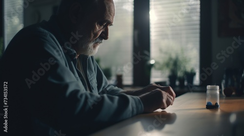 Sad old man sitting at the table and looking at pills, medication and healthcare. Generative Ai