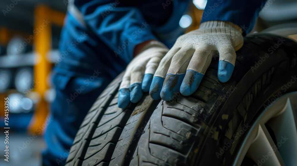 A person in blue uniform and protective gloves is holding a car tire.
