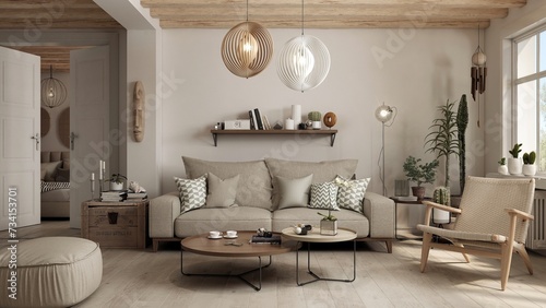 Living room interior designed in an eclectic way combining Scandinavian, Japandi and boho styles. Natural materials like wood and woven fabrics create a cohesive whole with warm colors. 3D render photo